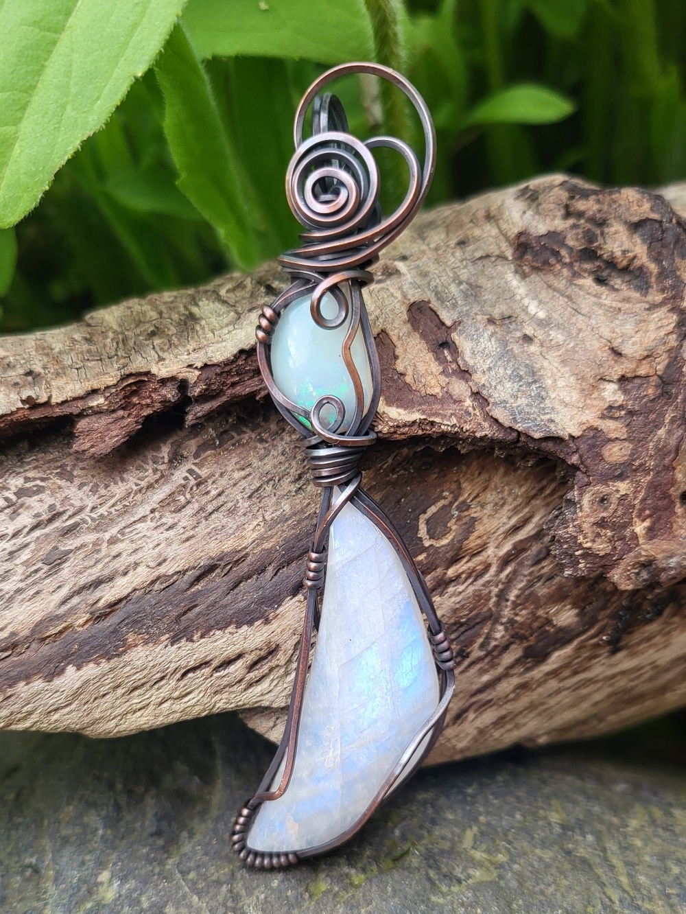Australian Fire Opal & Moonstone Wire Wrap Pendant
